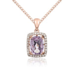 9ct Rose Gold Cushion Natural Pink Amethyst & Diamond Cluster Pendant — 8x6mm