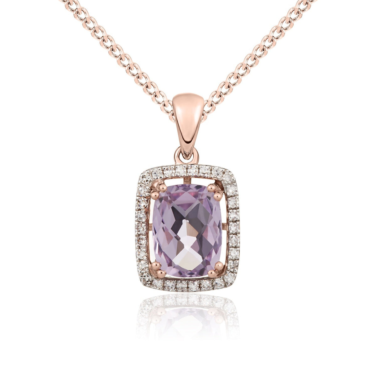 9ct Rose Gold Cushion Natural Pink Amethyst & Diamond Cluster Pendant — 8x6mm