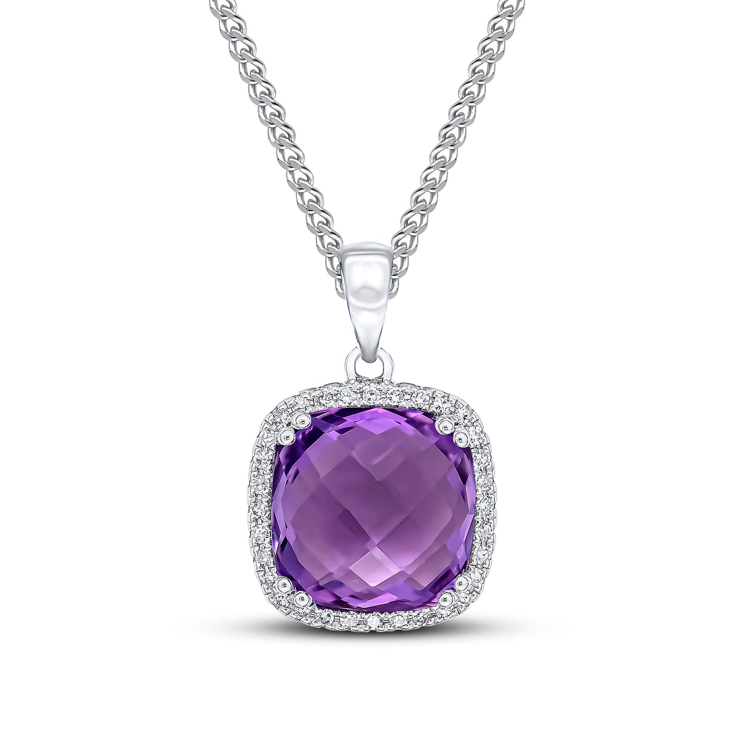 9ct White Gold Cushion Natural Amethyst and Diamond Cluster Pendant — 10mm