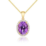 9ct Yellow Gold Oval Natural Amethyst & Diamond Claw Cluster Pendant — 8x6mm