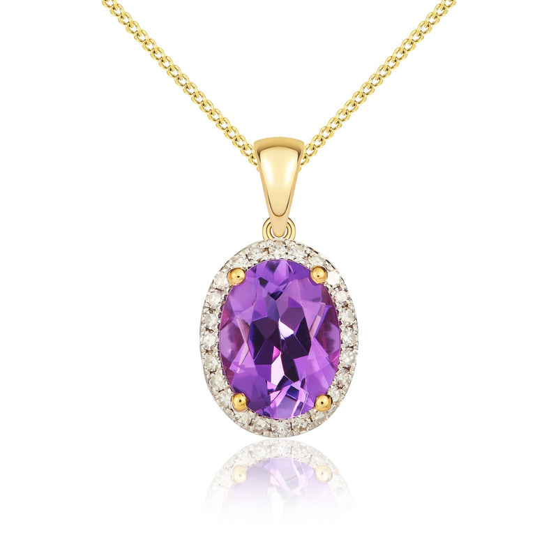 9ct Yellow Gold Oval Natural Amethyst & Diamond Claw Cluster Pendant — 8x6mm