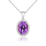 9ct White Gold Oval Natural Amethyst & Diamond Claw Cluster Pendant — 8x6mm