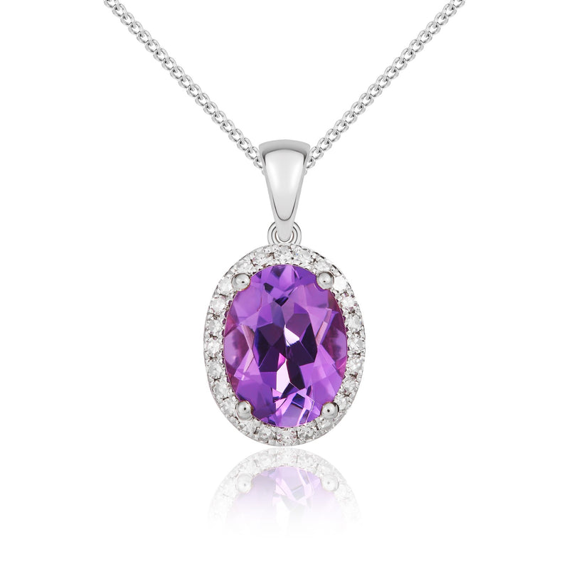 9ct White Gold Oval Natural Amethyst & Diamond Claw Cluster Pendant — 8x6mm