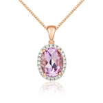9ct Rose Gold Oval Natural Pink Amethyst & Diamond Claw Cluster Pendant — 8x6mm