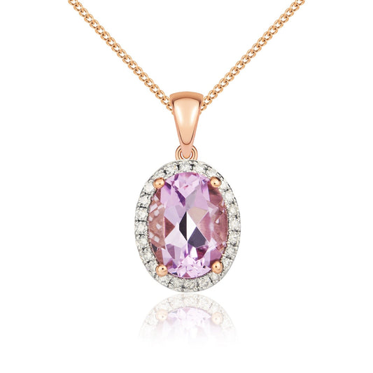 9ct Rose Gold Oval Natural Pink Amethyst and Diamond Cluster Pendant —8x6mm