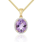 9ct Yellow Gold Oval Natural Amethyst & Diamond Claw Cluster Pendant — 10x8mm