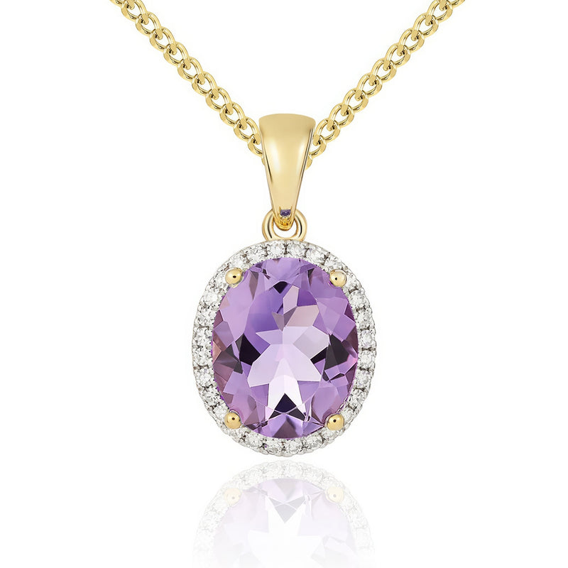 9ct Yellow Gold Oval Natural Amethyst & Diamond Claw Cluster Pendant — 10x8mm