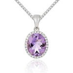 9ct White Gold Oval Natural Amethyst & Diamond Claw Cluster Pendant — 10x8mm
