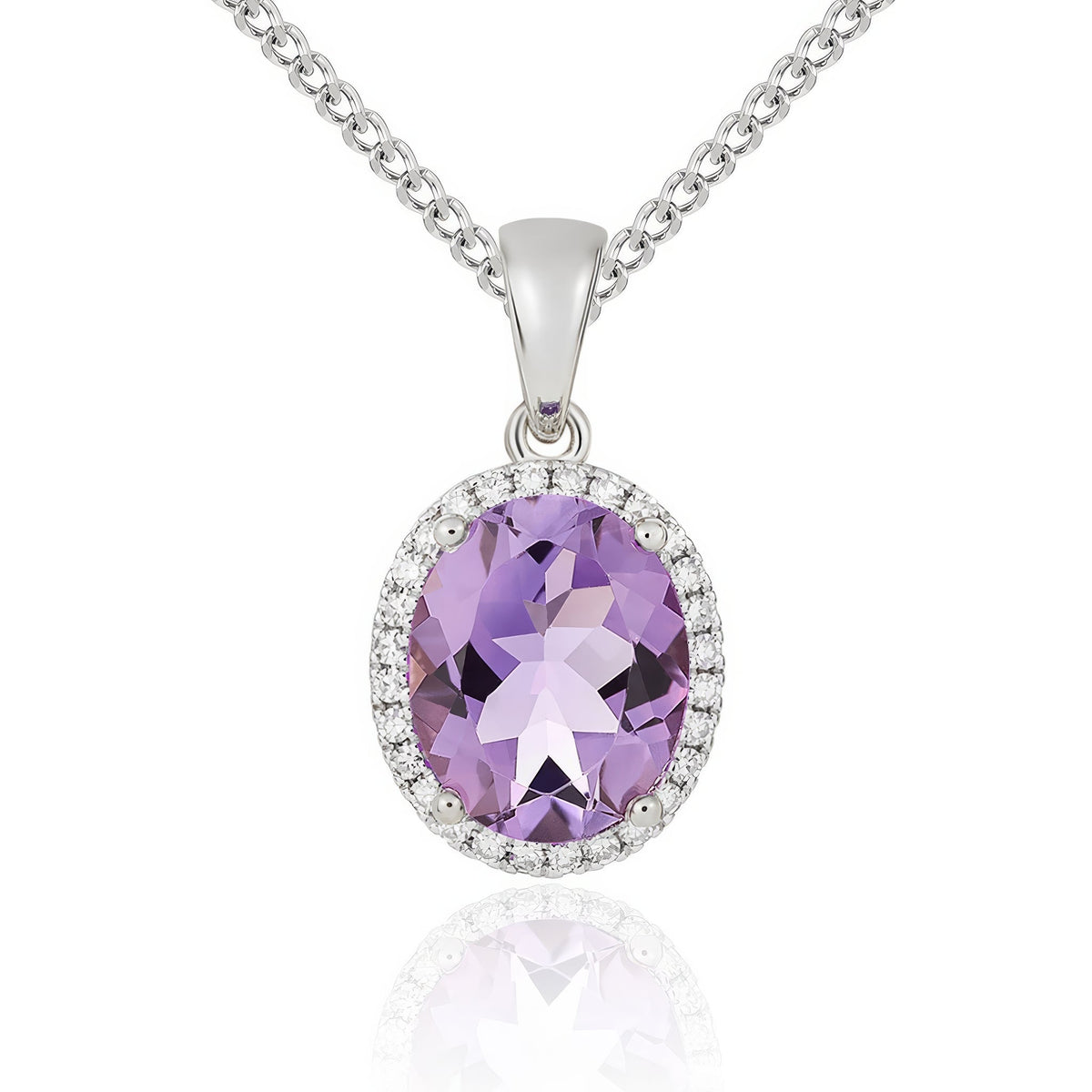 9ct White Gold Oval Natural Amethyst & Diamond Claw Cluster Pendant — 10x8mm