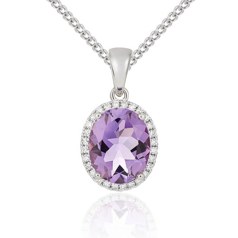 9ct White Gold Oval Natural Amethyst & Diamond Claw Cluster Pendant — 10x8mm