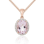 9ct Rose Gold Oval Natural Pink Amethyst & Diamond Claw Cluster Pendant — 10x8mm