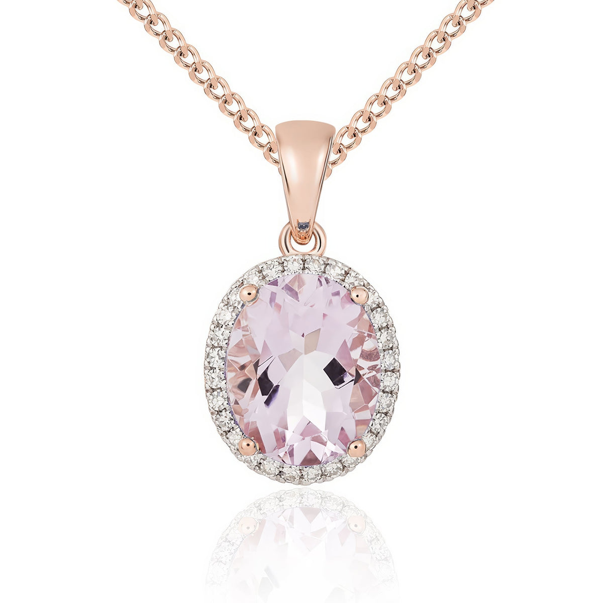 9ct Rose Gold Oval Natural Pink Amethyst & Diamond Claw Cluster Pendant — 10x8mm