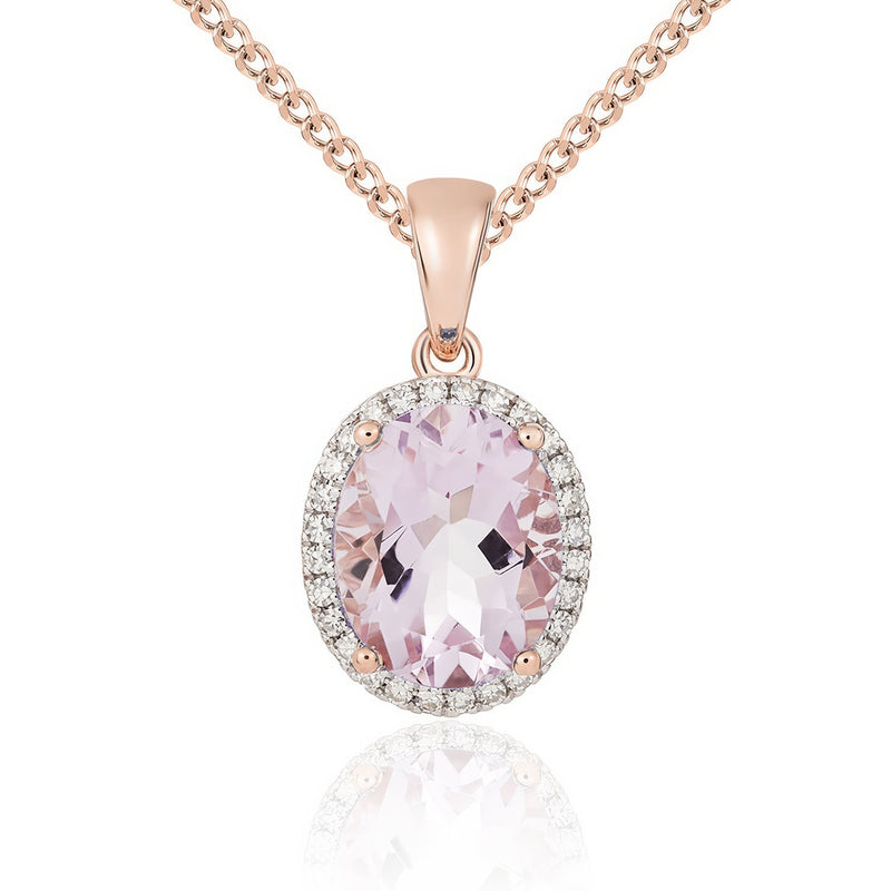 9ct Rose Gold Oval Natural Pink Amethyst & Diamond Claw Cluster Pendant — 10x8mm