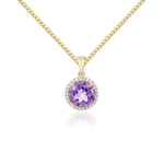 9ct Yellow Gold Round Natural Amethyst & Diamond Claw Cluster Pendant — 8mm