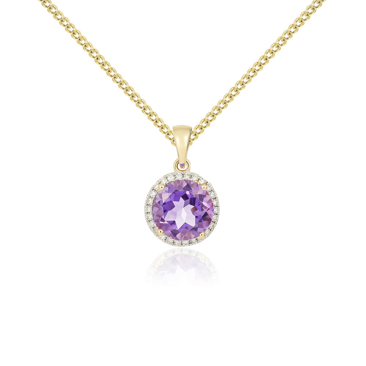 9ct Yellow Gold Round Natural Amethyst & Diamond Claw Cluster Pendant — 8mm