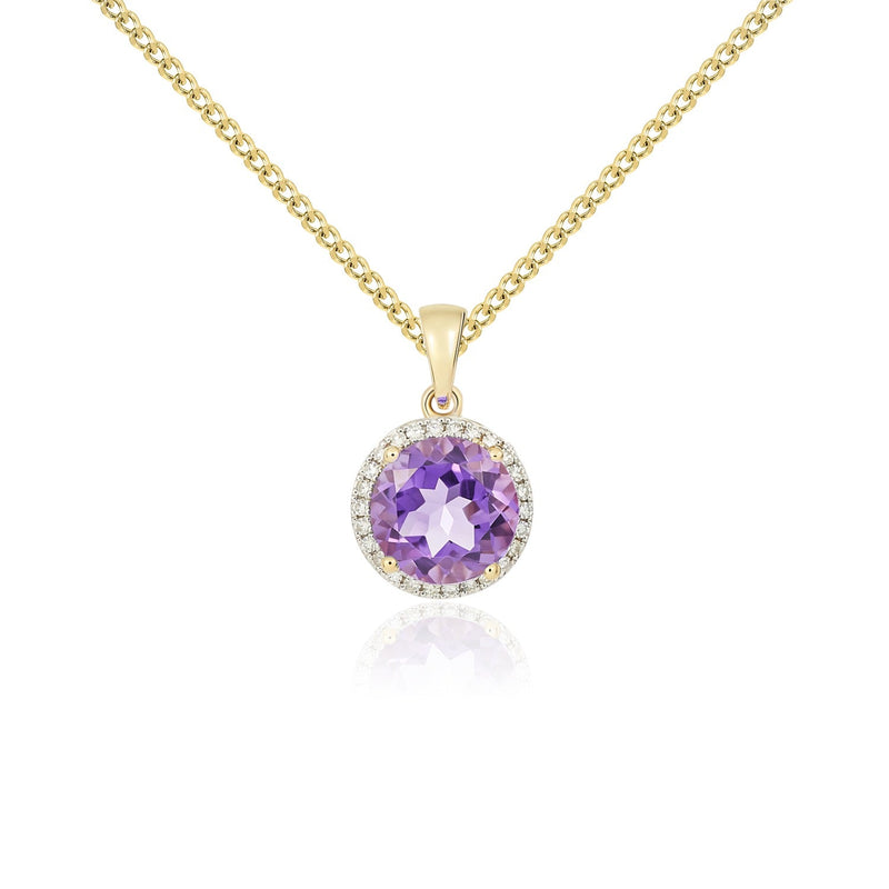 9ct Yellow Gold Round Natural Amethyst & Diamond Claw Cluster Pendant — 8mm
