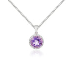 9ct White Gold Round Natural Amethyst & Diamond Claw Cluster Pendant — 8mm