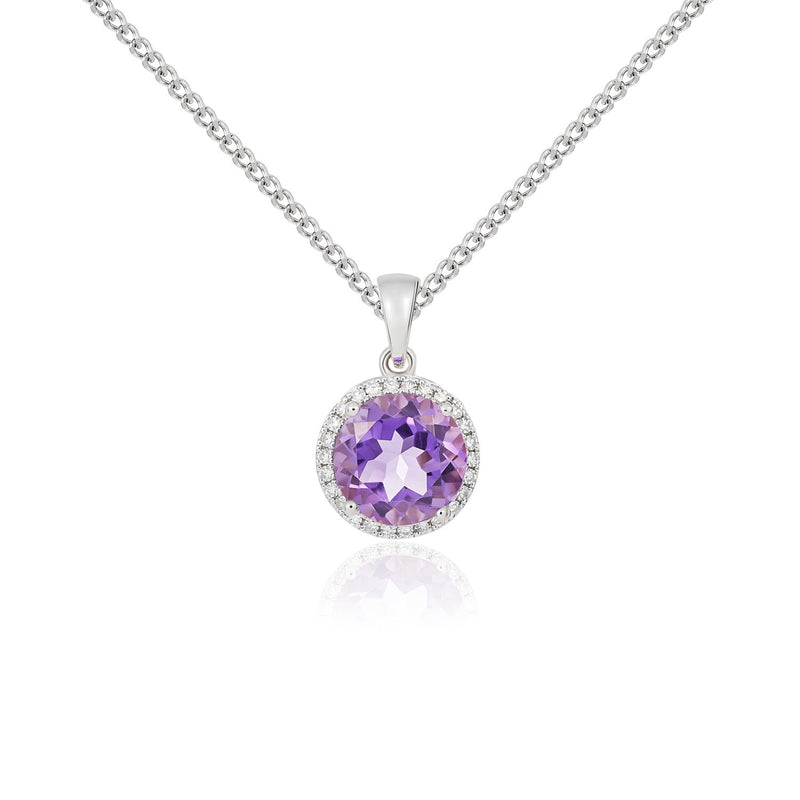 9ct White Gold Round Natural Amethyst & Diamond Claw Cluster Pendant — 8mm