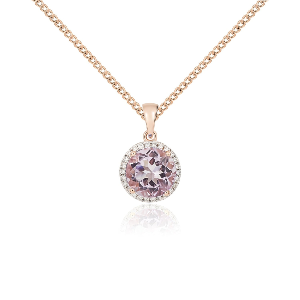 9ct Rose Gold Round Natural Pink Amethyst & Diamond Claw Cluster Pendant — 8mm