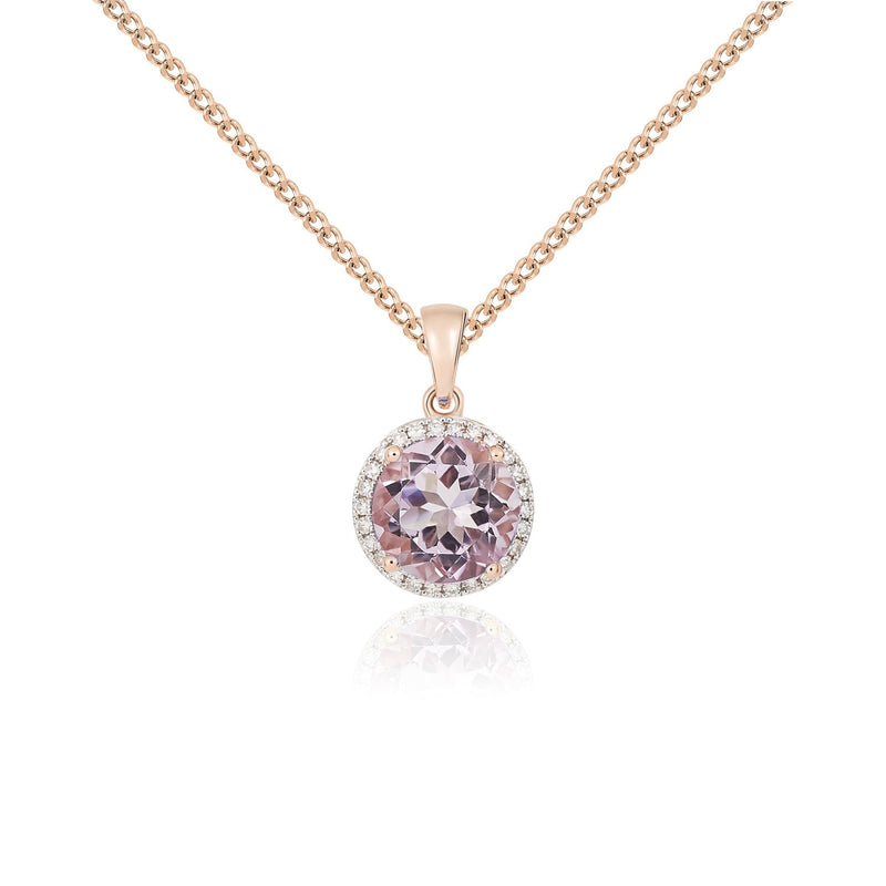 9ct Rose Gold Round Natural Pink Amethyst & Diamond Claw Cluster Pendant — 8mm