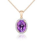 9ct Rose Gold Oval Natural Amethyst & Diamond Claw Cluster Pendant — 8x6mm