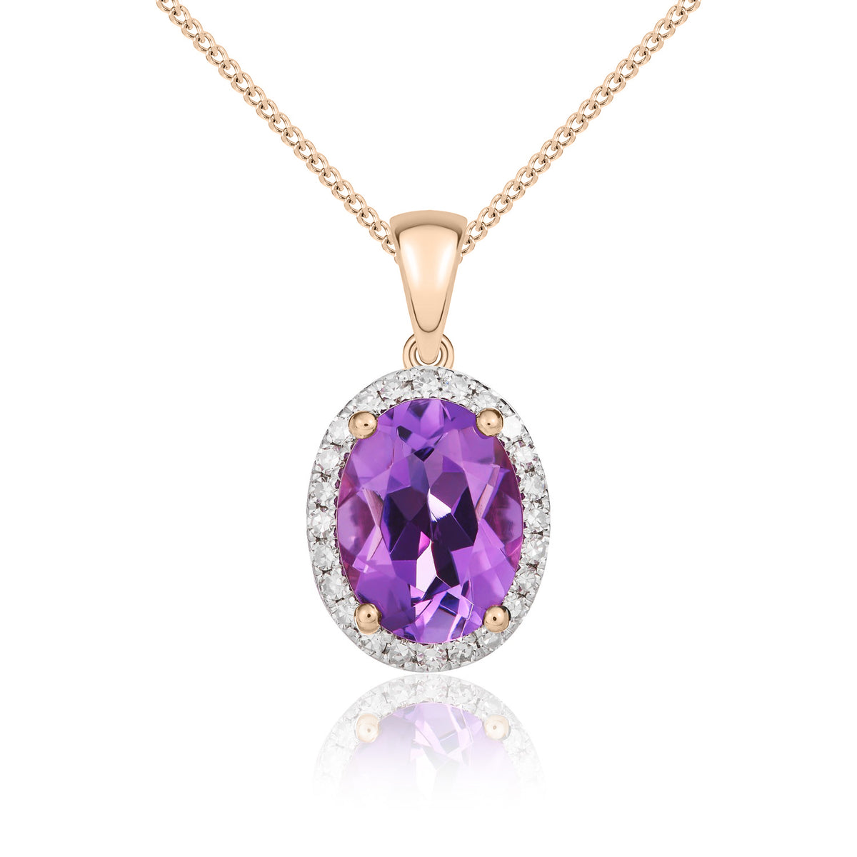 9ct Rose Gold Oval Natural Amethyst & Diamond Claw Cluster Pendant — 8x6mm