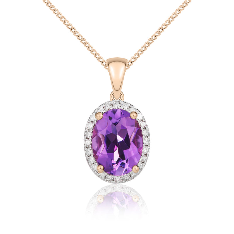 9ct Rose Gold Oval Natural Amethyst & Diamond Claw Cluster Pendant — 8x6mm