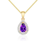 9ct Yellow Gold Pear Natural Amethyst & Diamond Halo Cluster Pendant — 6x4mm
