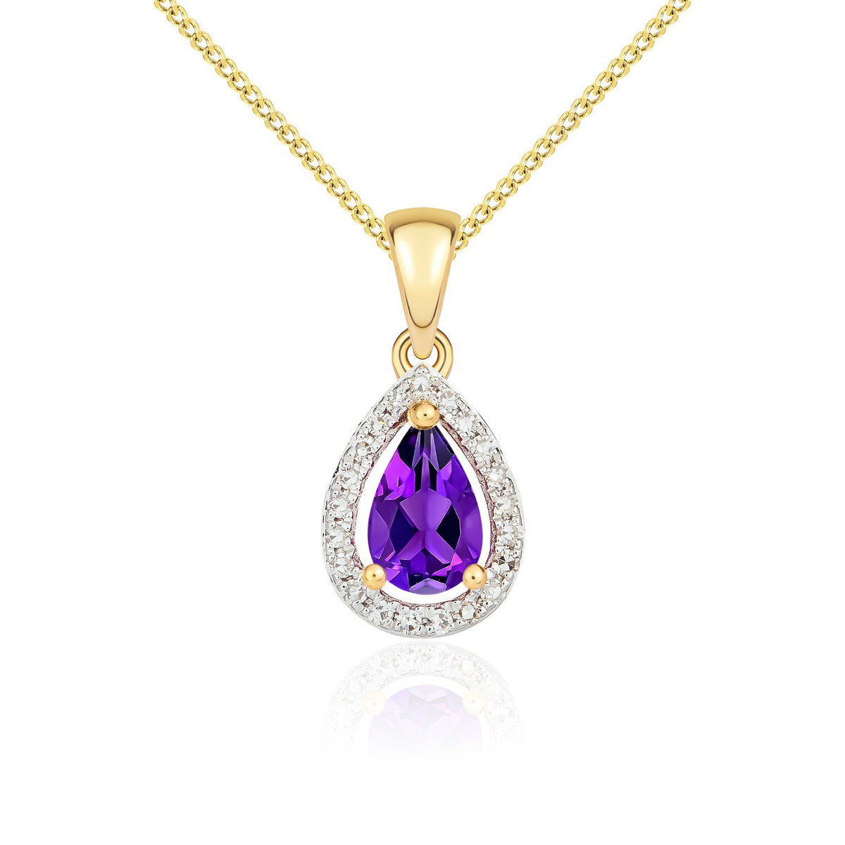 9ct Yellow Gold Pear Natural Amethyst & Diamond Halo Cluster Pendant — 6x4mm