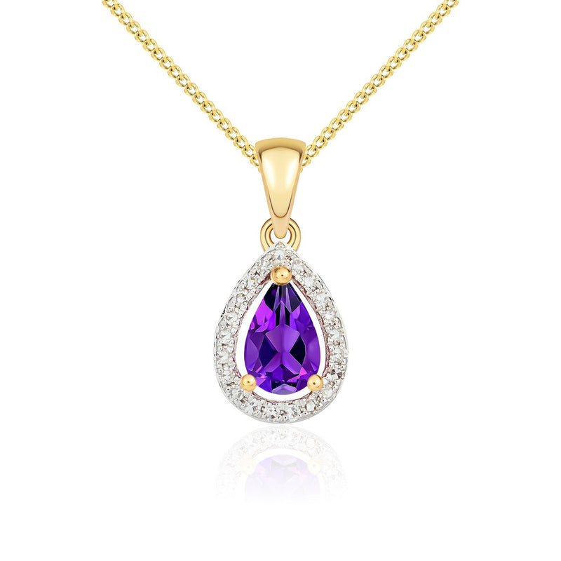 9ct Yellow Gold Pear Natural Amethyst & Diamond Halo Cluster Pendant — 6x4mm