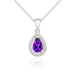 9ct White Gold Pear Natural Amethyst & Diamond Halo Cluster Pendant — 6x4mm