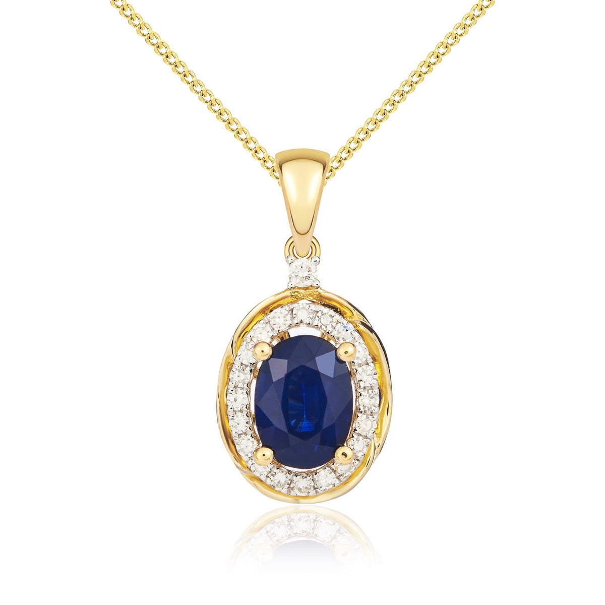 9ct Yellow Gold Oval Natural Sapphire & Diamond Rope Edge Cluster Pendant — 7x5mm