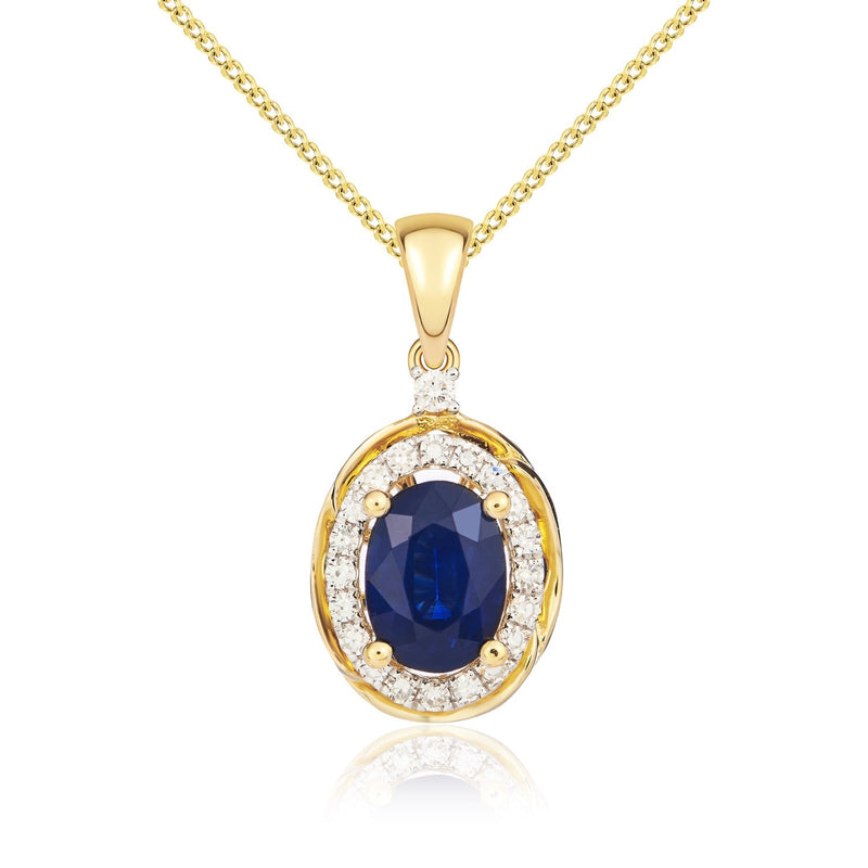 9ct Yellow Gold Oval Natural Sapphire & Diamond Rope Edge Cluster Pendant — 7x5mm