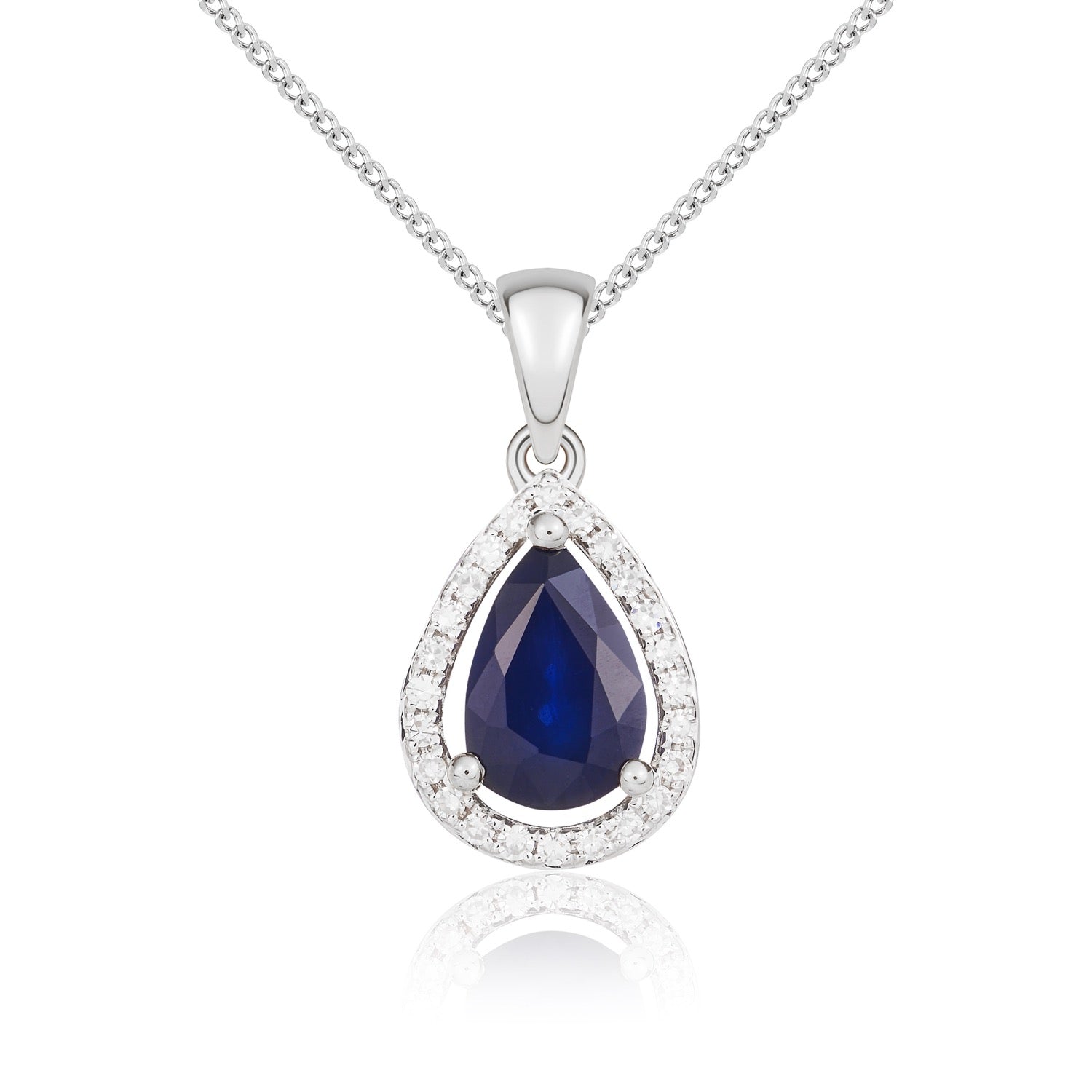 9ct White Gold Pear Shaped Natural Sapphire and Diamond Halo Cluster Pendant — 7x5mm