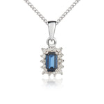 9ct White Gold Octagonal Natural Sapphire & Diamond Claw Set Cluster Pendant — 5x3mm