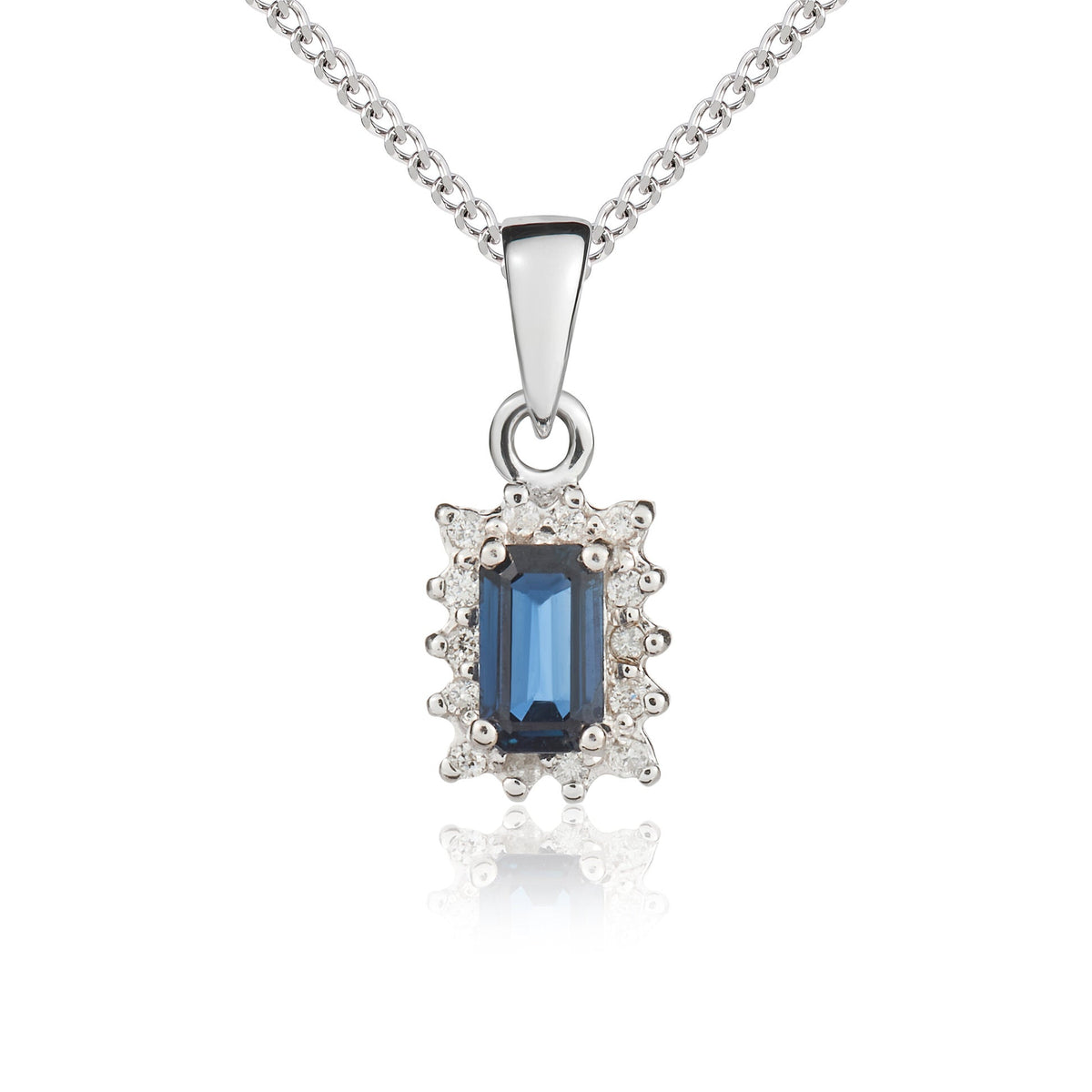 9ct White Gold Octagonal Natural Sapphire & Diamond Claw Set Cluster Pendant — 5x3mm