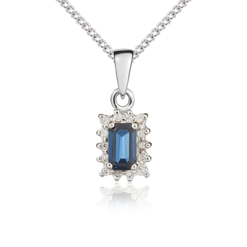 9ct White Gold Octagonal Natural Sapphire & Diamond Claw Set Cluster Pendant — 5x3mm