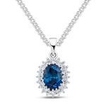 9ct White Gold Oval Natural Sapphire & Diamond Classic Cluster Pendant — 8x6mm
