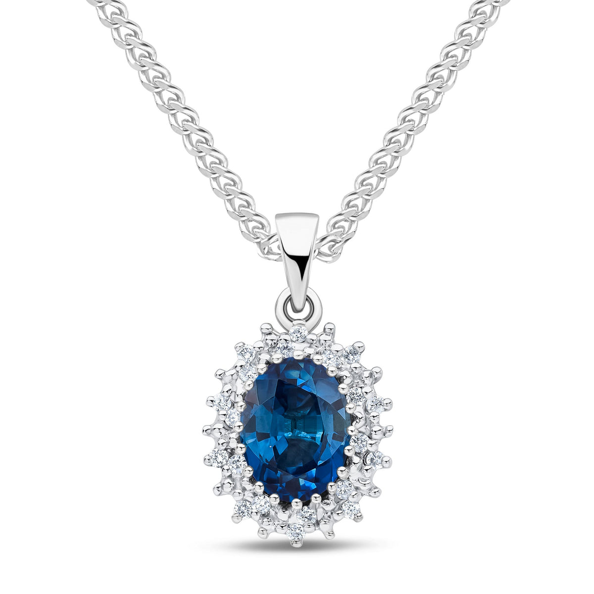9ct White Gold Oval Natural Sapphire & Diamond Classic Cluster Pendant — 8x6mm