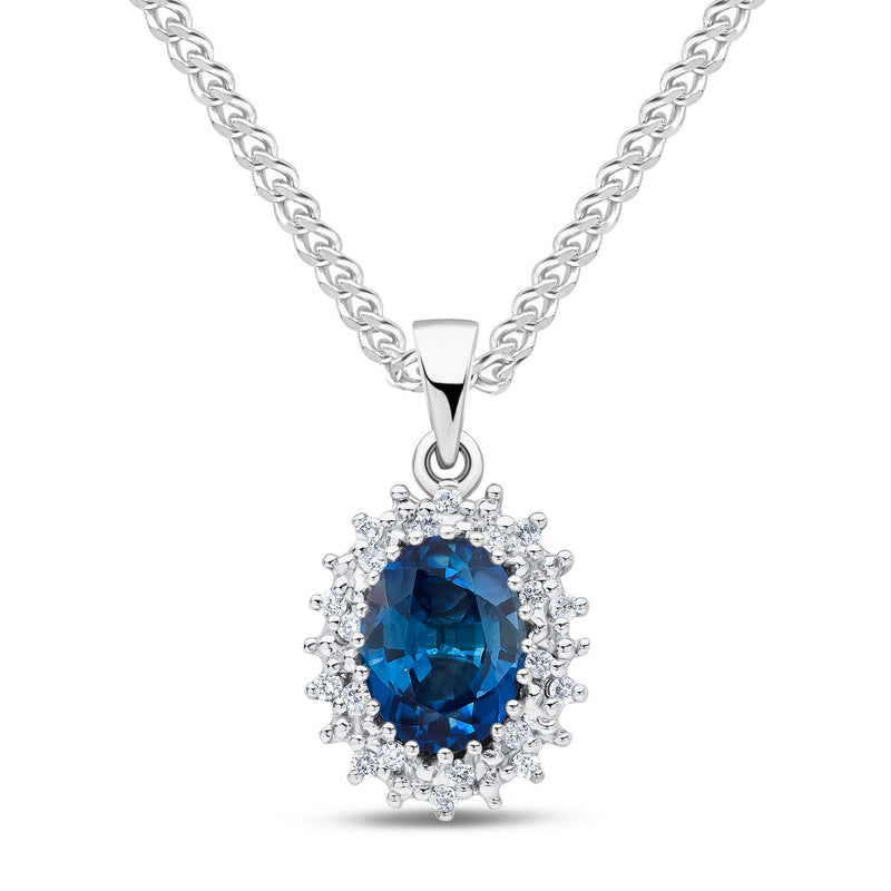 9ct White Gold Oval Natural Sapphire & Diamond Classic Cluster Pendant — 8x6mm
