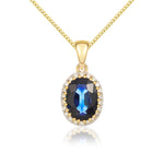 9ct Yellow Gold Oval Natural Sapphire & Diamond Claw Set Cluster Pendant — 7x5mm