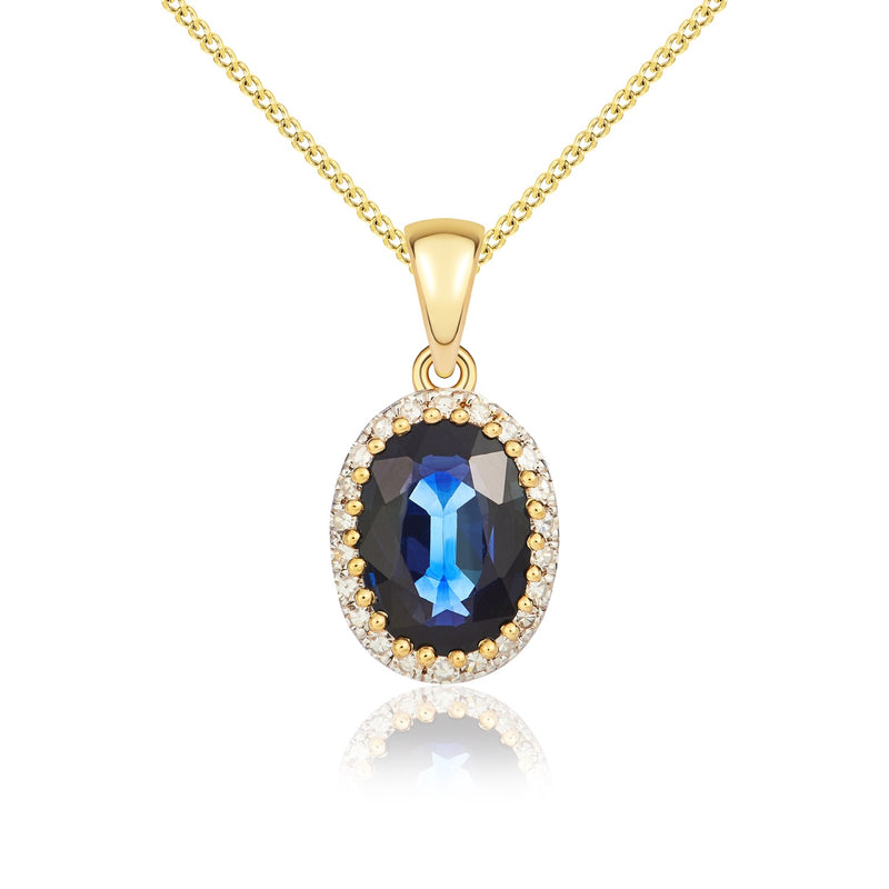 9ct Yellow Gold Oval Natural Sapphire & Diamond Claw Set Cluster Pendant — 7x5mm