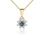 9ct Yellow Gold Round Natural Sapphire & Diamond Claw Set Cluster Pendant — 3mm