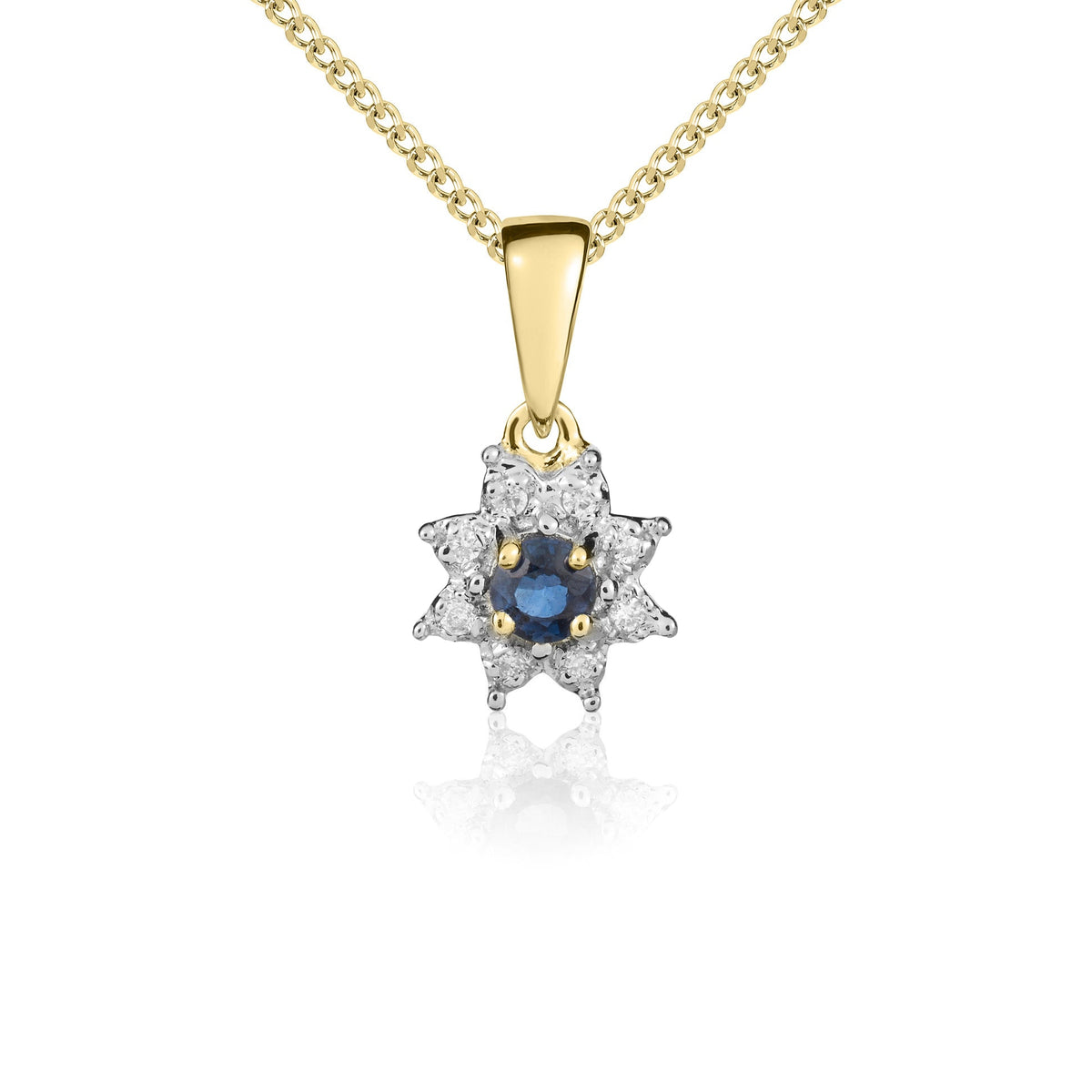9ct Yellow Gold Round Natural Sapphire & Diamond Claw Set Cluster Pendant — 3mm