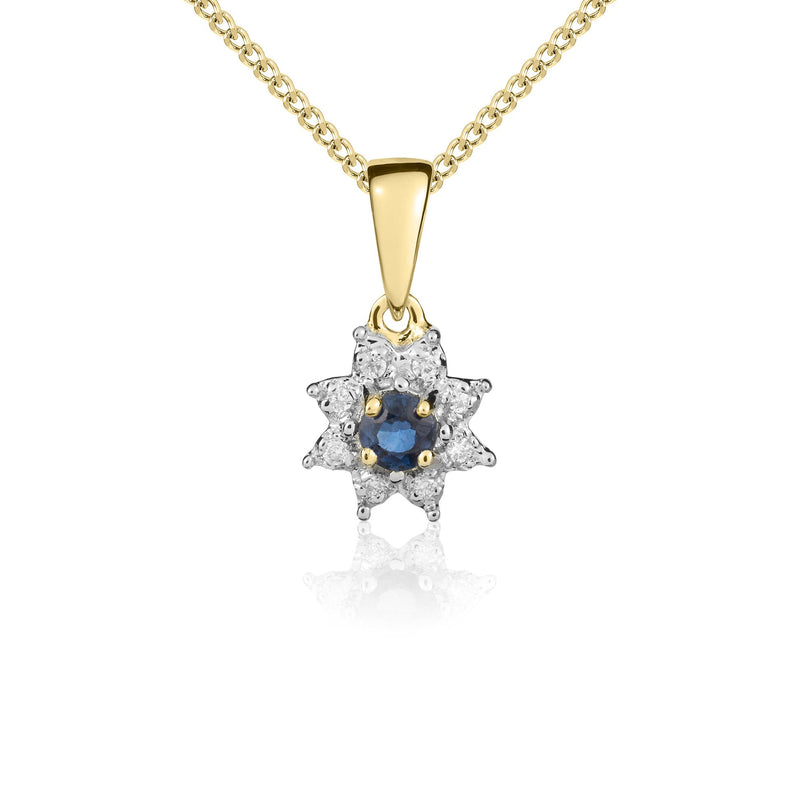 9ct Yellow Gold Round Natural Sapphire & Diamond Claw Set Cluster Pendant — 3mm