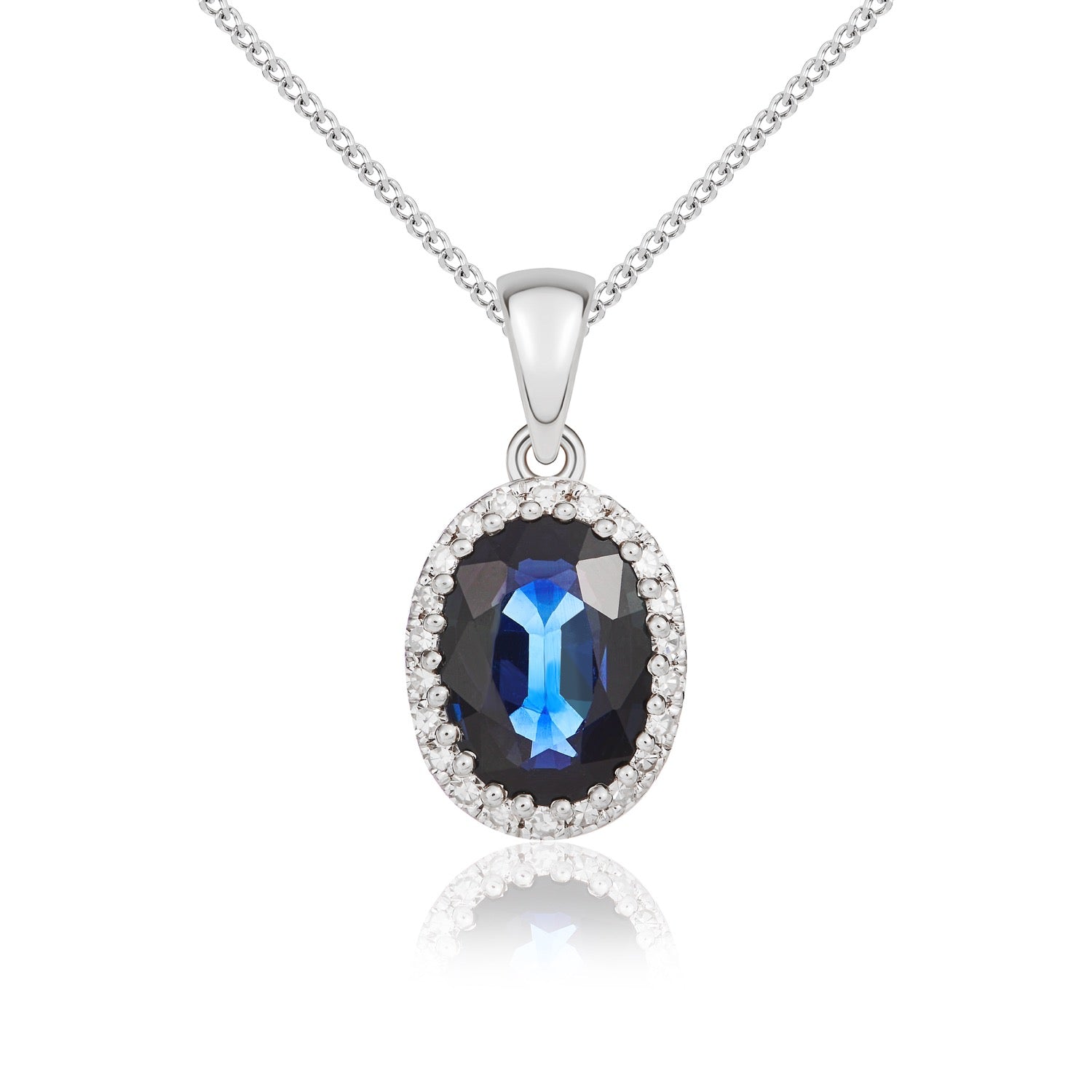 18ct White Gold Oval Natural Sapphire and Diamond Cluster Pendant — 7x5mm
