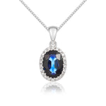 9ct White Gold Oval Natural Sapphire & Diamond Claw Set Cluster Pendant — 7x5mm