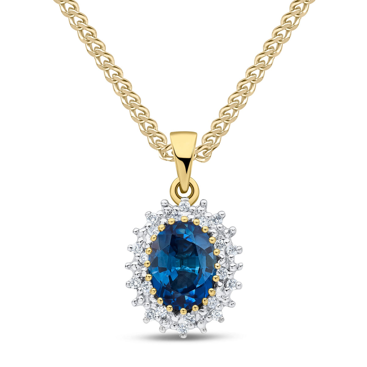 9ct Yellow Gold Oval Natural Sapphire & Diamond Classic Cluster Pendant — 8x6mm