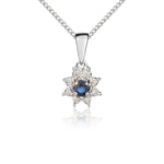 9ct White Gold Round Natural Sapphire & Diamond Claw Set Cluster Pendant — 3mm