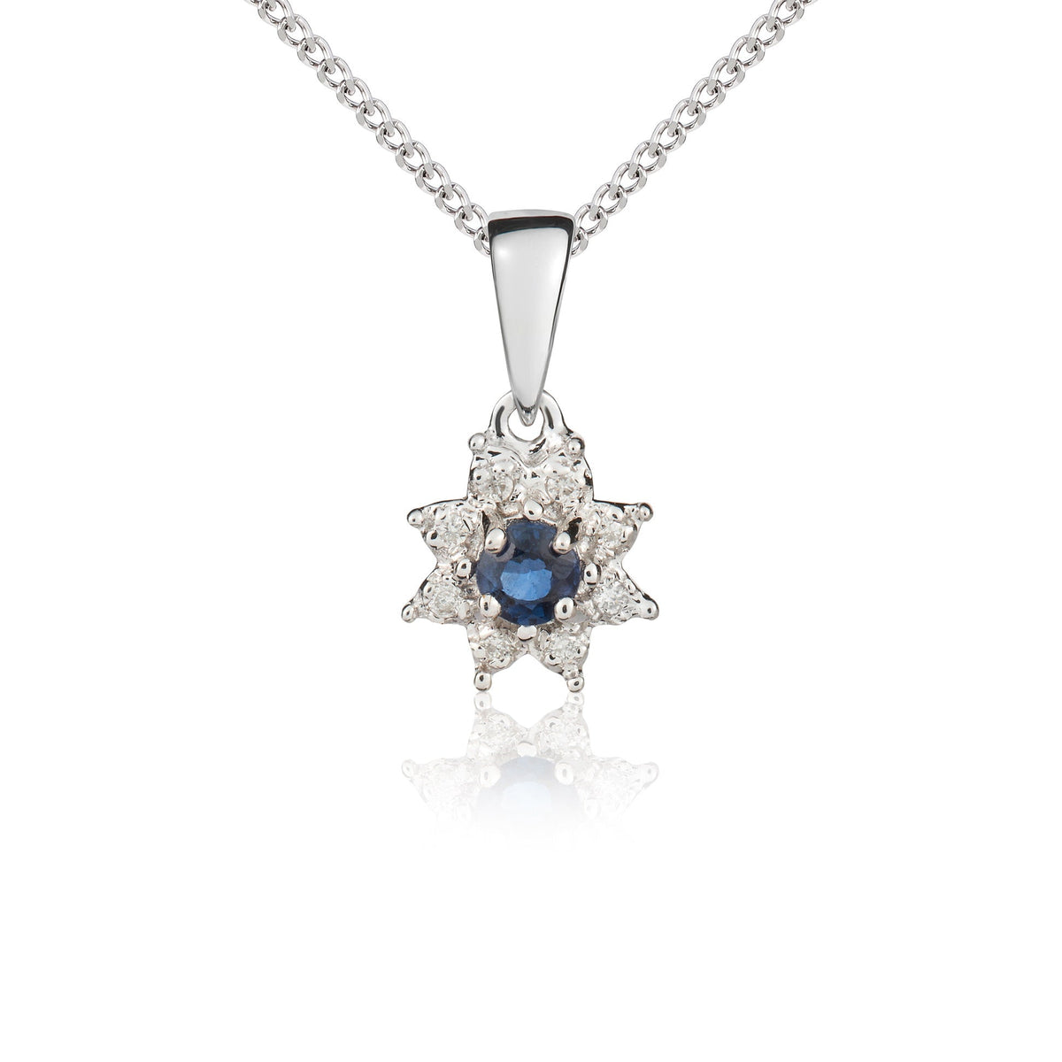 9ct White Gold Round Natural Sapphire & Diamond Claw Set Cluster Pendant — 3mm